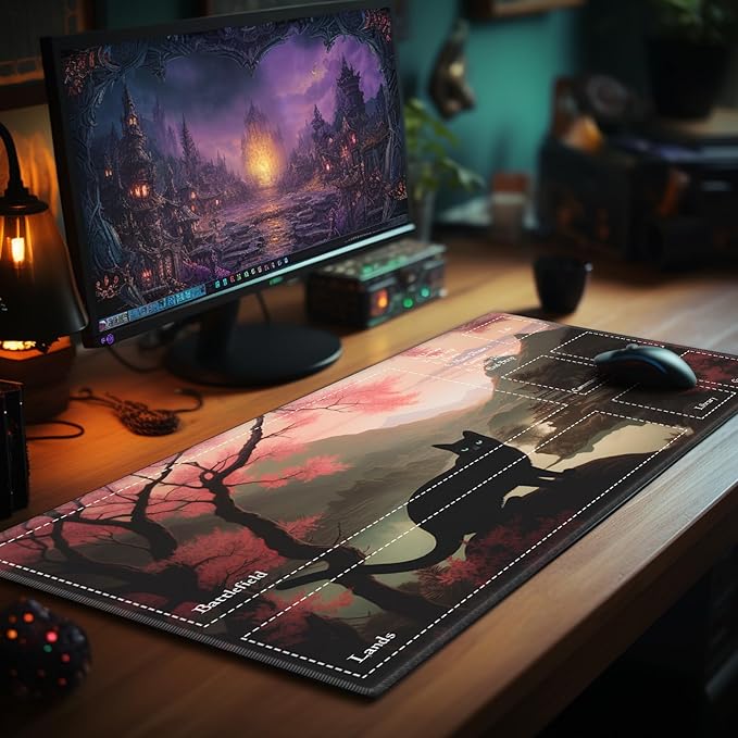 Playmat with Zones for MTG Card Game Playing, 24"x14" Commander Deck Gaming Duel Mat for Beginner, Pink Tree Black Cat