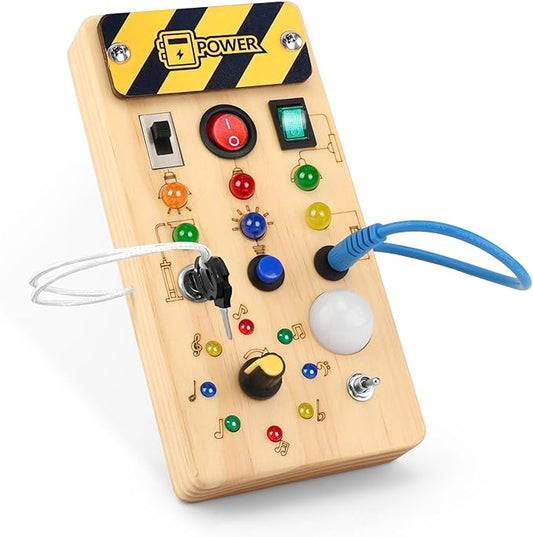 Busy Board with led Light， Sorting Sensory Travel Toys for Toddlers 1-3， Wooden Toddler Busy Board Montessori Toys for 1+ Year Old