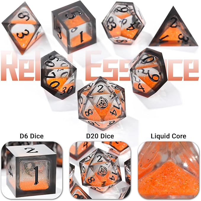 DND Dice Set - Handcrafted Liquid Core Sharp Edge 7-Die Resin Dice with Colorful Quicksand Effect，for DND, RPG, MTG, Tabletop Games（BLBZE BEHR Soul）