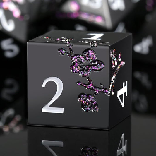 Glitter Purple Metal D&D Dice, DNDND 7 PCS Flower Metallic DND Dice Set with Gorgeous Gift Case for Dungeons and Dragon Tabletop Game (Matte Black with Glitter Purple Flower)
