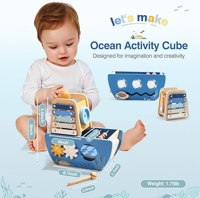 let's make Wooden Activity Cube 8-in-1 Montessori Toys Includes Object Permanent Box Early Learning Activity Cube Montessori Sensory Toys for Toddler Baby First Birthday Gifts