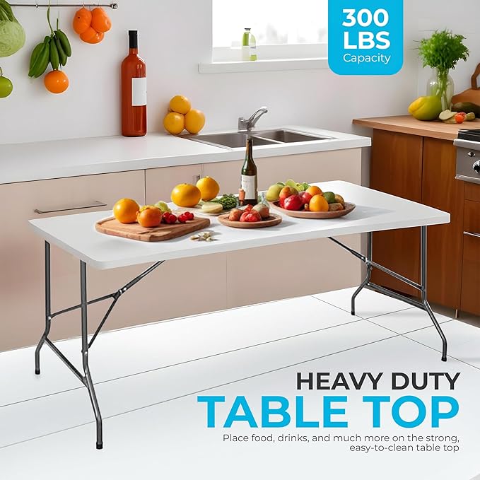 SIMPLI-MAGIC 8ft Portable Plastic Folding Table – Indoor & Outdoor Heavy-Duty Foldable Utility Table w/Handle for Party & Camping (White)