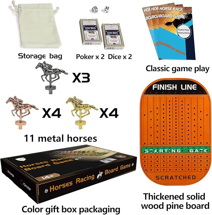 Horse Race Board Game Racing Game Thickened Solid Wood with 11 Luxurious Durable Classic Metal Horses with 4 Dice and 2 Boxes of Cards Horse Racing Game (Red Peach)…