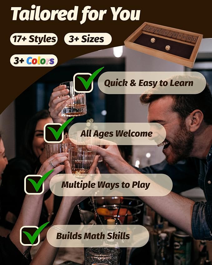 Large Shut The Box for 2 6 Player Math Family Game Night Quick Dice Game for Party Camp Bar Travel Class School Wooden Classic Table Top Board Game for Adult and Kid Group Elder 15"