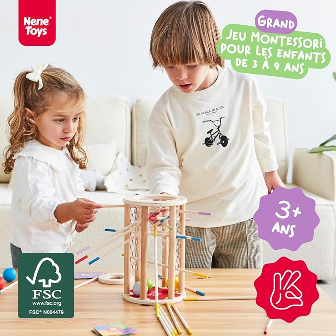 Nene Toys BALLFALL Jumbo – Montessori Wooden Board Game for Kids 3 4 5 6 Years – Colorful Sticks, Dice & Cards – Fine Motor Skills Toy, Math & Counting Game – Educational Gift for Boys Girls Ages 3-9