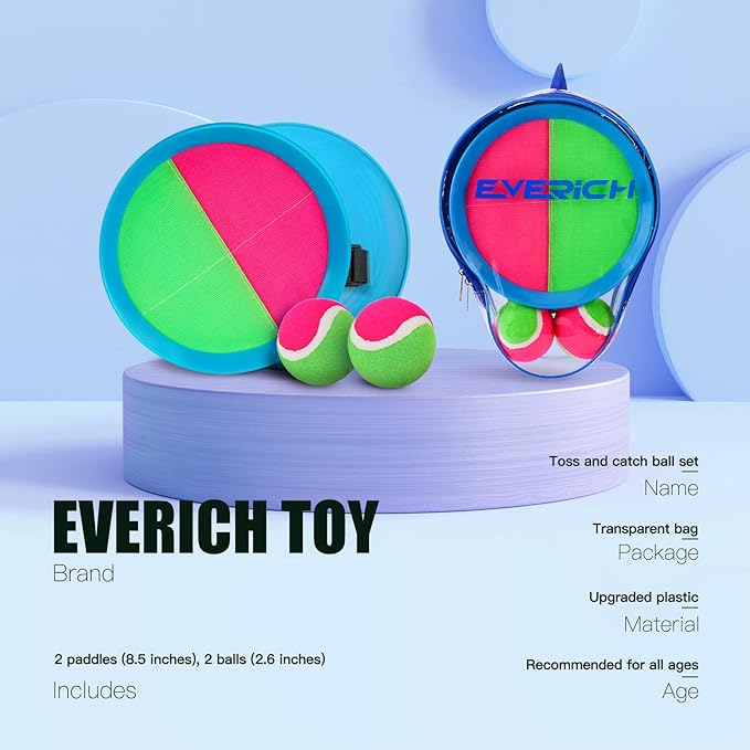EVERICH Upgraded Toss and Catch Ball Game Set - Indoor and Outdoor Games for Kids 3-12, Beach Sand Pool Water Toy Includes 2 Paddles 2 Sticky Balls, Great Birthday Easter Gifts for Boys Girls