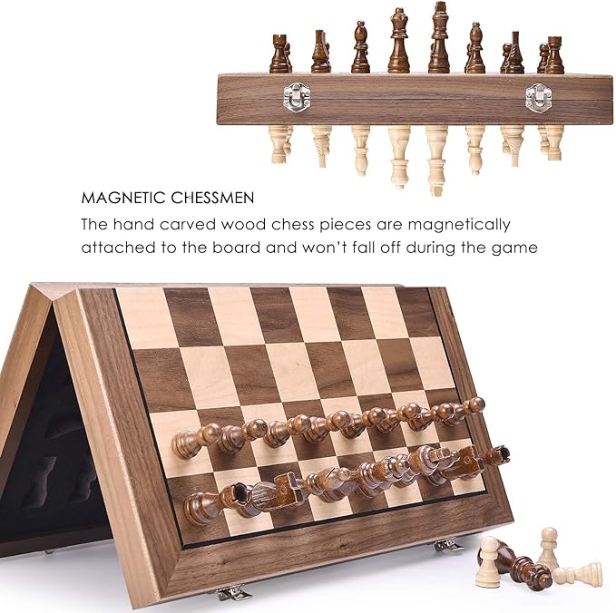 AMEROUS 15 Inches Magnetic Wooden Chess Set with 2 Extra Queens/Folding Board/Chess Pieces Storage Slots/Instructions, Portable Travel Chess Game for Beginner/Classic Board Game
