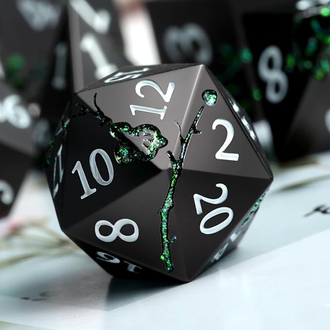 Glitter Green DND Metal Dice, DNDND 7 PCS Flower Metallic DND Dice Set with Gorgeous Gift Case for Dungeons and Dragon Tabletop Game (Matte Black with Glitter Green Flower)