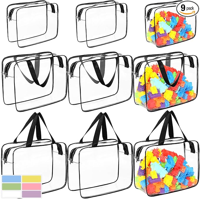 9 Packs Clear PVC Toy Storage Bags Include 6 Pcs Large and 3 Pcs Medium Toy Organizer Bags with Labels, Portable Handheld Zipper Bags for Organizing Board Game, Building Blocks, Puzzle, Kids Books