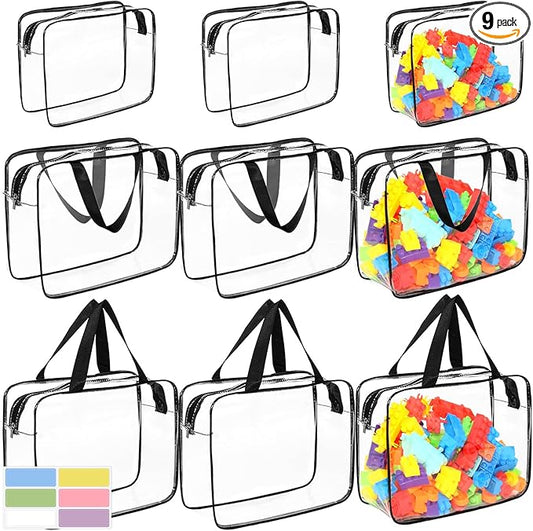 9 Packs Clear PVC Toy Storage Bags Include 6 Pcs Large and 3 Pcs Medium Toy Organizer Bags with Labels, Portable Handheld Zipper Bags for Organizing Board Game, Building Blocks, Puzzle, Kids Books
