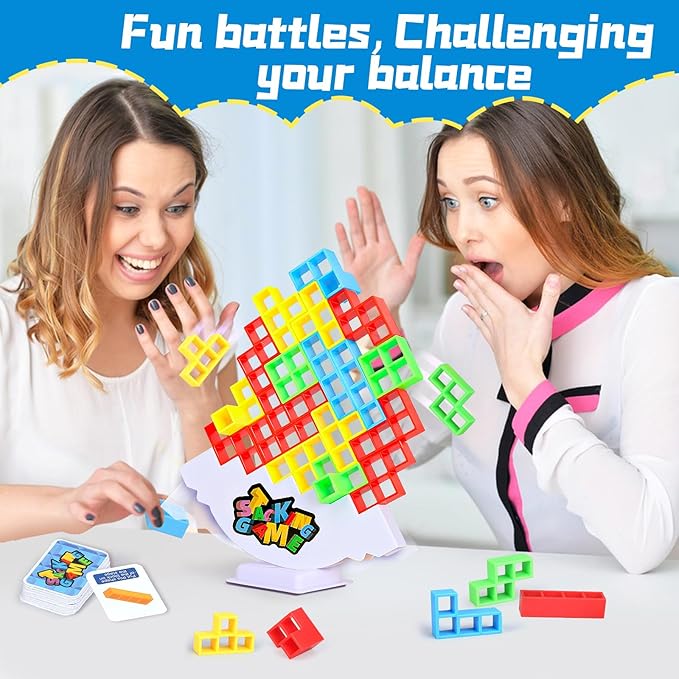 64PCS Stack Game for Adult & Kids, Tetra Board Tower Games for Family Travel Party, 2 Players Balance Stacking Toy, Team Toys Building Block