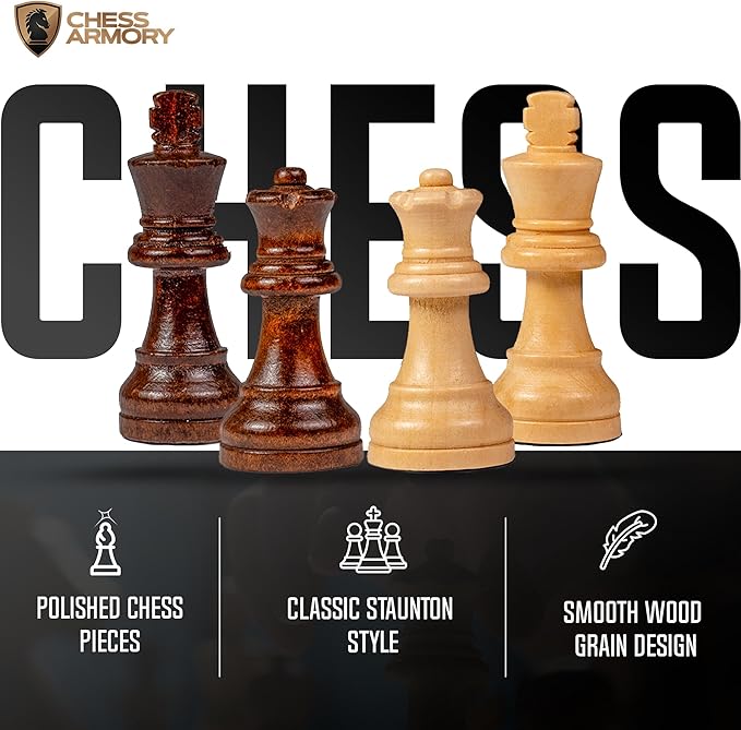 Chess Armory Wooden Chess Set 15 Inch - Premium Walnut Wood Handcrafted Game Board for Adults and Kids with Extra Queen Pieces and Storage Box - Ideal for Home and Travel - Non-Magnetic
