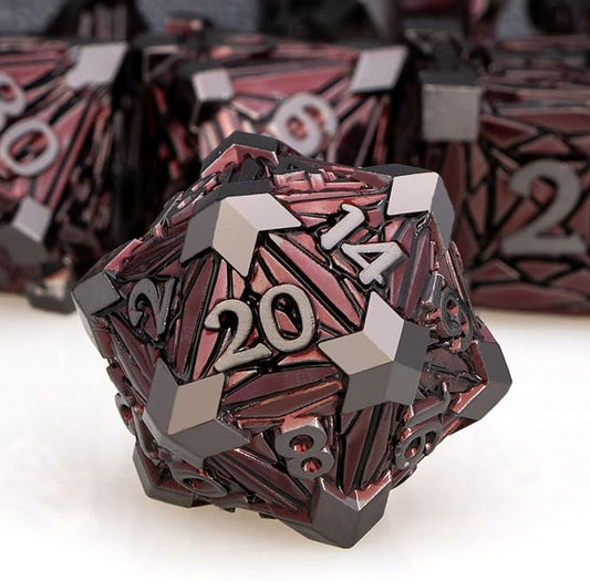 7PCS Metal DND Dice Set with Box, Debris RPG Red D and D Dice for use with D&D Tabletop Games Role Playing Game Polyhedral Dice Set D20 D12 D10 D8 D6 D4