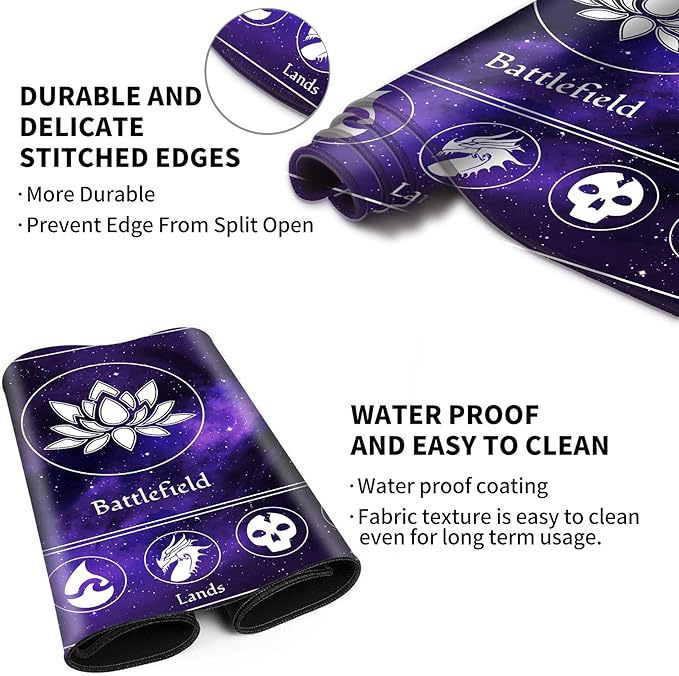 MTG Playmat Stitched with Magic Zone for MTG Card Game Playing, Commander Board Game Desk Mat Duel Mat Card Battles Binder Deck 24x14inches for Beginner, Galaxy Purple Mana