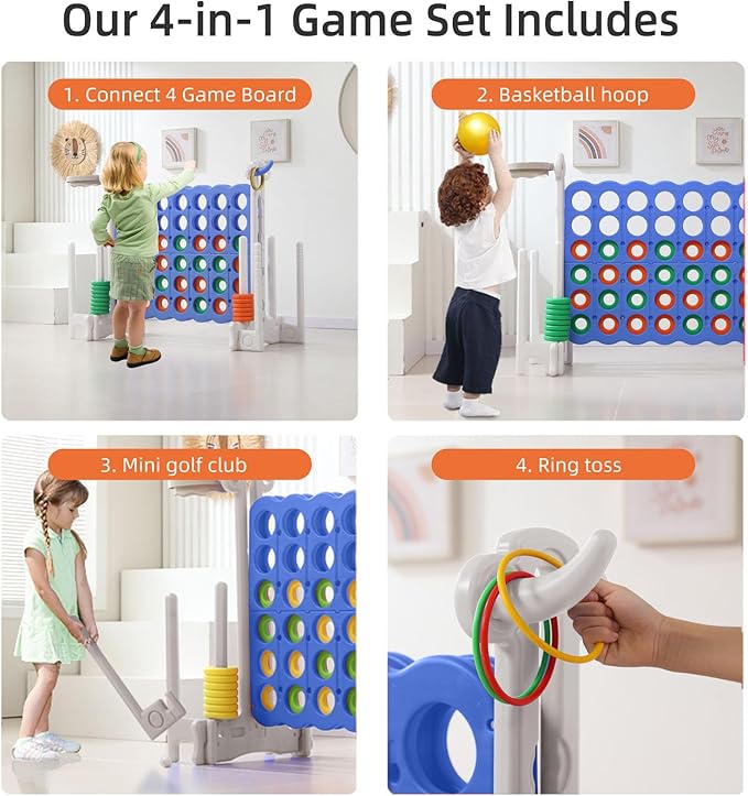 UNICOO® Jumbo 4 in a Row Game | Adjustable Height (2.5-3.5 FT) 4-to-Score Giant Yard Game Set for Kids & Adults w/Build-in Mini Games, Golf Clubs | Indoor/ Outdoor Games for Party & Family Fun