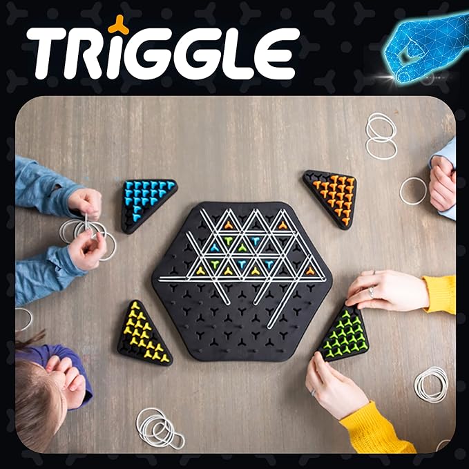 Fat Brain Toys Triggle - Stretch Four to Score [Fun Family Brainteaser Strategy Game for Kids, Teens, & Adults] Rubber Band Triangle Game