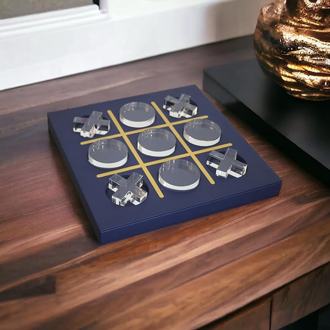Modern Tic Tac Toe for Home Decoration, Tic Tac Toe Game with Blue Leather and Acrylic Pieces, Decorative Tic Tac Toe, Table Top Decoration, Housewarming Gift