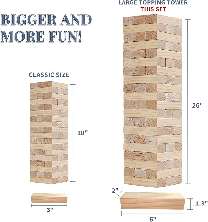 Giant Tumble Tower Family Games for Kids and Adults 60 Blocks New Zealand Pine Wooden Blocks Stacking Up to 5 FT for Indoors Outdoors Yard Games for Family