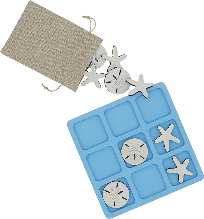 Beach Tic Tac Toe Game – Coastal Wooden Board Game with Sea Star vs Sand Dollar Pieces, Beach House Coffee Table Decor, Classic Two-Player Game, White Elephant Gift, 8.63-Inch Tic Tac Toe with Easel