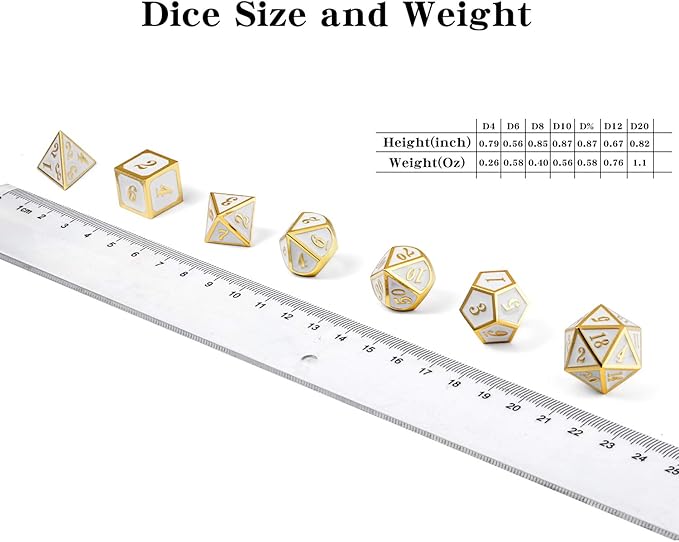 DnDnD White with Gold Number DND Dice Sets,Solid Metal Die with Free Gorgeous Metal Tin for Dungeons and Dragons D&D Role Playing Game Tabletop Games