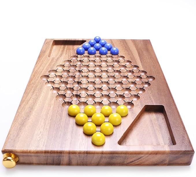 VAMSLOVE 12.5" Wooden Chinese Checkers Two Player Board Game - Chinese Checkerboard for 2 - w/Glass Marbles (16-Millimeter) - Games Instructions Included - Ideal Gift Home (Walnut Wood)