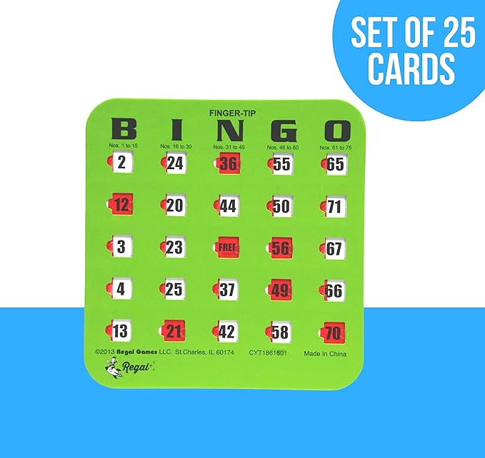 Regal Bingo Bulk Bingo Cards with Sliding Windows - Reusable Large Print Bingo Game Cards for Adults Large Group - 25 Pack, Green