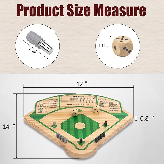 Baseball Board Game,Wooden Baseball Game,20mm Thick Wooden Board with 10 Pieces & Dice,Markers,Great for Family Game Night, Party and Road Trip, Portable