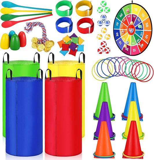 Libima 72 Pcs Carnival Games Set Potato Sack Race Bags Dart Board with Sticky Balls Bean Bag Toss Rings Egg Spoon Race 3 Legged Bands Game Outdoor Birthday Party Field Day Activity for Boy Girl Adult
