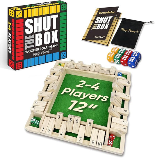 Large Shut The Box for 2 4 Players Math Family Game Night Quick Dice Game for Party Camp Bar Travel Class School Wooden Table Top Board Game for Adults Kids Couple Elder 12" Classic