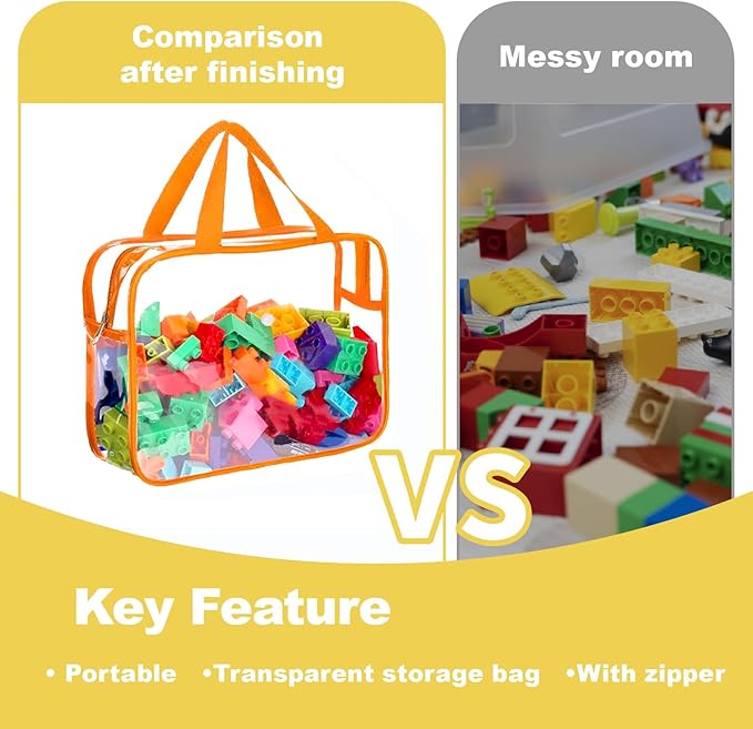 Clear Storage Bag with Zipper - Organizing Bags for Home Travel with Handles - for Building Blocks, Puzzle, Book, Board Game(6 colors, 6 Packs)