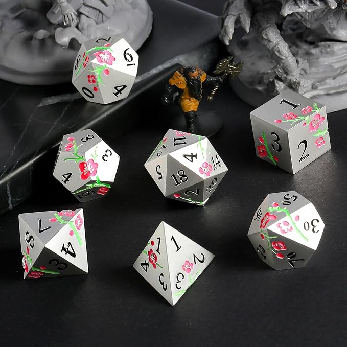 Metal DND Dice, DNDND 7 PCS Glow in The Dark Metallic D&D Dice Set with Gorgeous Gift Case for Dungeons and Dragon Tabletop Game (Glow in The Dark Pink)
