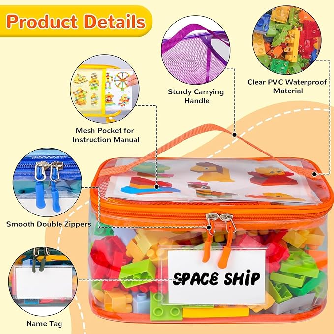 Upgraded 6 Pack Clear Toy Storage Bag - with Name Tag Manual Pocket, Transparent PVC Toy Organizer Case with Zipper for Board Game, Building Block, Puzzle, Large Capacity for Kids Ages 6+ (Colorful)