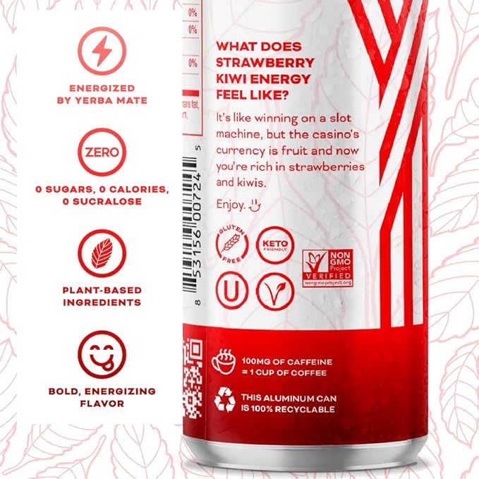Yerbaé Energy Seltzer - Strawberry Kiwi, No Sugar/Calories/Carbs. Energized by Yerba Mate, Naturally Caffeinated Plant-Based, Healthy Alternative to Coffee/Sugary Sodas, Pack of 12, 12oz cans