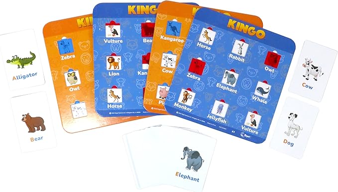 Regal Games Kingo Animals Edition Bingo Set - Fun Educational Word Games for Preschool & Kindergarten Kids - Learning Games for Family & Classroom - Vocabulary Builder, Phonics & Sight Word Games