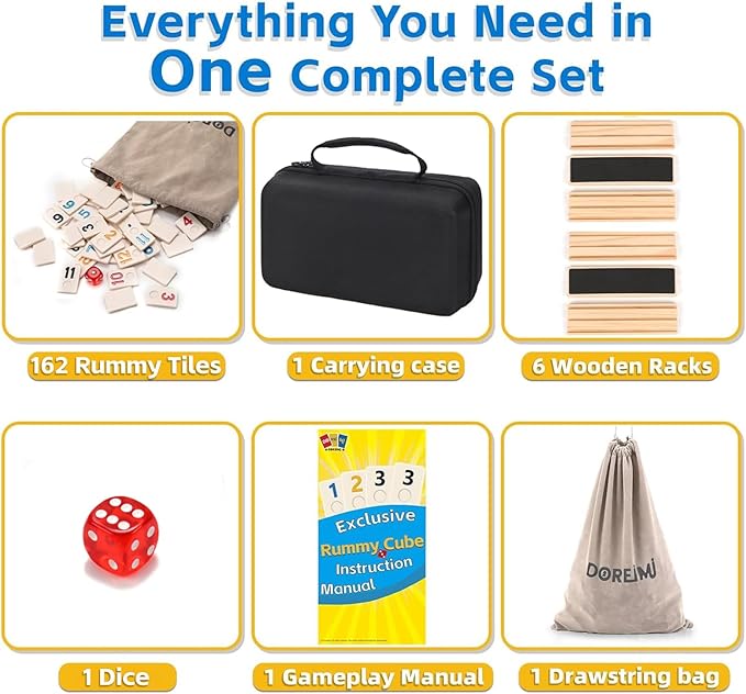 Upgraded Rummy Cube Game Set 6 Plays with 6 Wooden Racks & 162 Rummy Tiles | Portable Travel Case & Drawstring Bag & Beginner-Friendly Instruction | Family Board Game for Adults and Kids