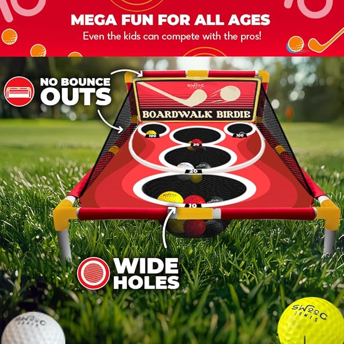 SWOOC Games - Boardwalk Birdie™ | Arcade Style Golf Game w/Easy Setup & 10+ Games Included | Golf Chipping Game | Golf Games for Adults Indoor & Outdoor | Backyard Golf Game | Golf Cornhole Game