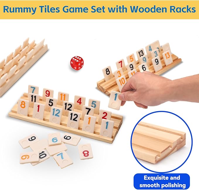 Upgraded Rummy Cube Game Set 4 Players with 4 Wooden Racks & 108 Rummy Tiles | Travel & Family Board Game for Adults and Kids