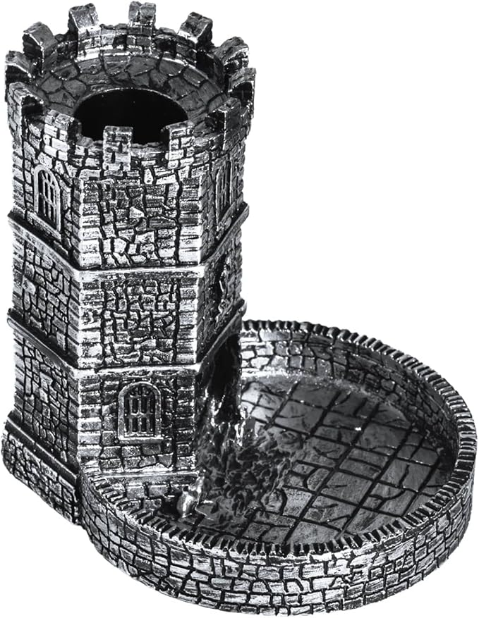 Castle Dice Tower with Tray, Wall Carving Dice Rolling Tray for Dungeons and Dragons | Easy Roller Perfect for Board Game, D&D and RPG, (Ancient Silver)