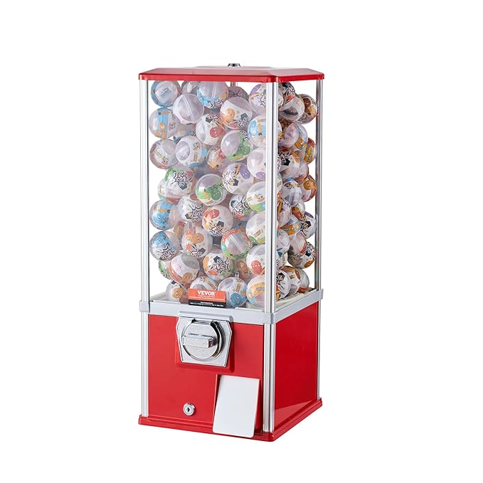 VEVOR Gumball Machine for Kids, 25" Height Home Vending Machine, PS Bouncy Balls Dispenser, Hold 230 Capsule Toys, Rectangle Bubble Gum Machine for Game Stores, Coin Operated Gumball Bank, Red