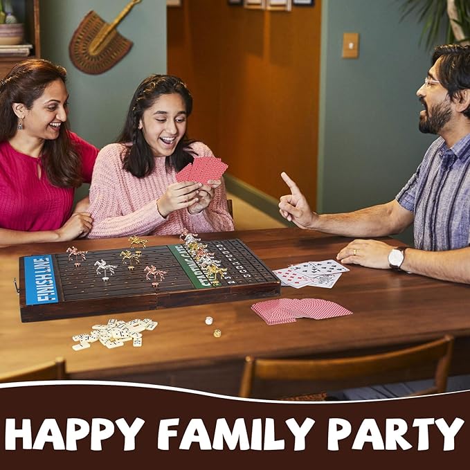 Deluxe Folding Horse Racing Board Game Set with Metal Horses, Foldable Board, Metal Dice, Domino Set, and Card Game – Premium Family Strategy Board Game for Parties, Travel, and Game Night