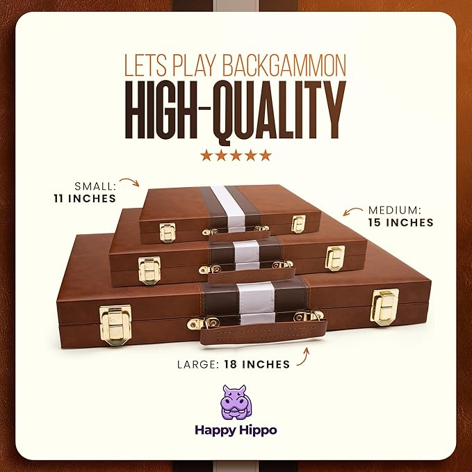 Backgammon Board Game, Deluxe Leather Like Case, Felt Interior, Brown, Classic Backgammon Game, Popular Board Game, Board Games (Medium (15"))