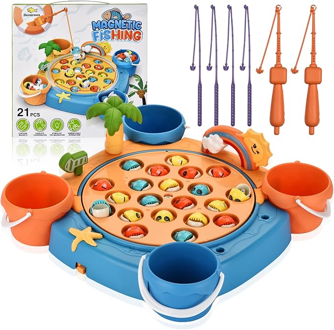 Magnetic Fishing Game Set - 21 Fish and 6 Poles, Rotating Toddler Board Games with Music Switch, Fine Motor Skills Fishing Toys for Kids and Toddlers 3 4 5 6 7 8 and Up