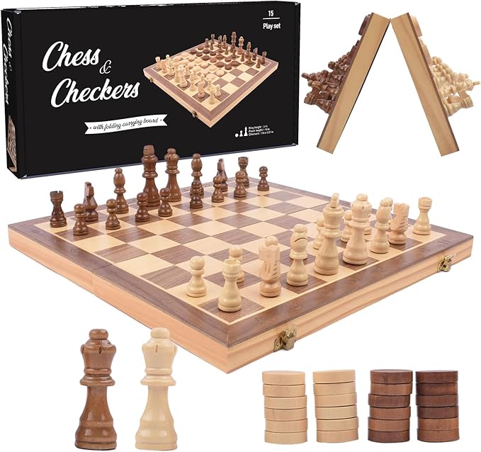 Wooden Chess and Checkers Game Sets Magnetic for Kids and Adult,Portable Travel Folding Game Board 2in1 Pieces Kits,Beginner Chessmen with Storage Slots