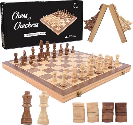 Wooden Chess and Checkers Game Sets Magnetic for Kids and Adult,Portable Travel Folding Game Board 2in1 Pieces Kits,Beginner Chessmen with Storage Slots