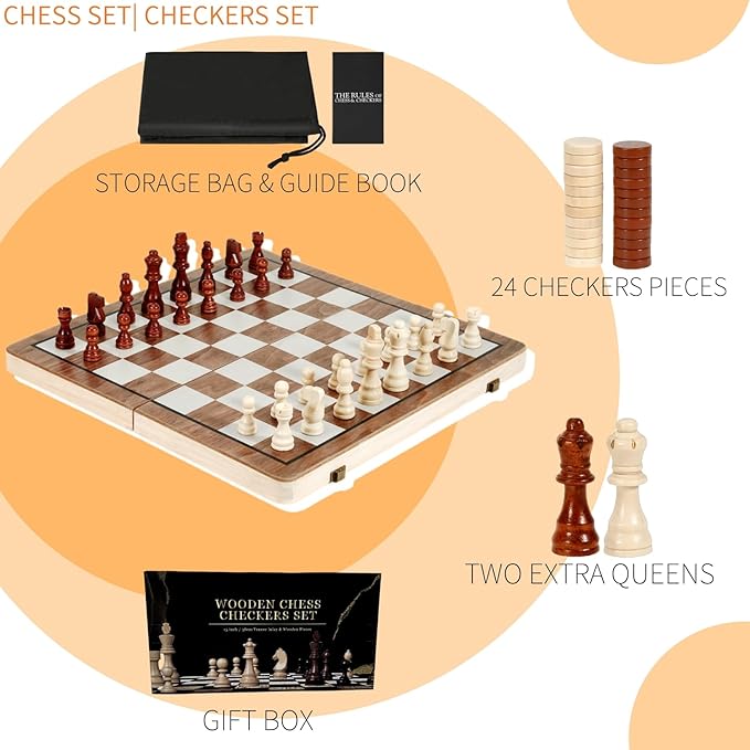 Chess Board Sets, 15 Inch Magnetic Chess Set for Adults & Kids, Checkers Board Game, Handmade Folding Chess Boards with 2 Extra Queens by Kiapeak