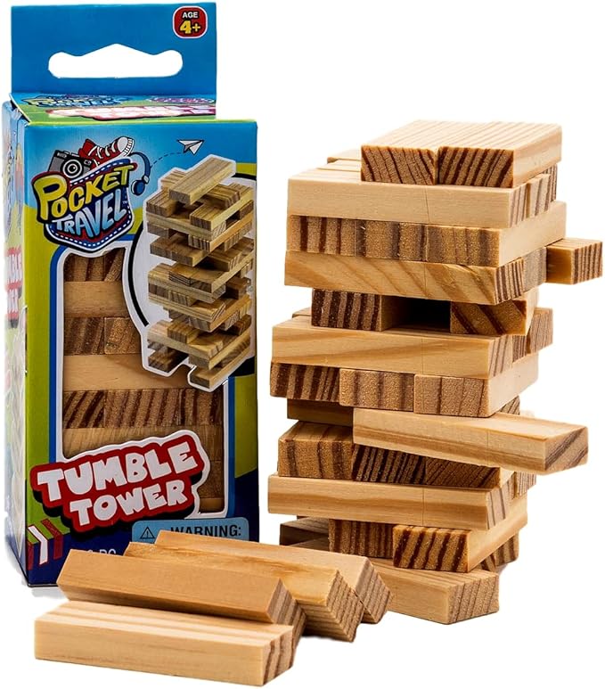 JA-RU Real Wood Mini Tumble Tower Classic Game (12 Sets) Travel Size 4 Inch. Tumbling Tower Stacking Blocks Toy Party Favors Board Games. 3276-12p