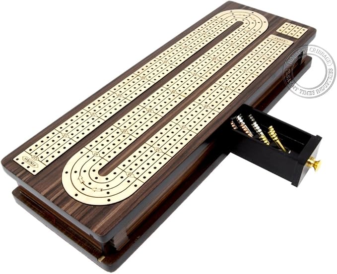 Continuous Cribbage Board Inlaid 4 Tracks Rosewood/Maple with Sliding Lids and Drawer