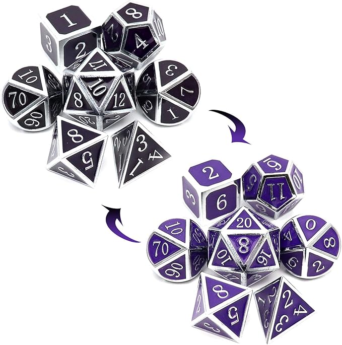 Haxtec Color Changing ByTemperature Metal DND Dice Set Polyhedral D&D Dice for RPG Dungeons and Dragons-Silver Black Purple Shift