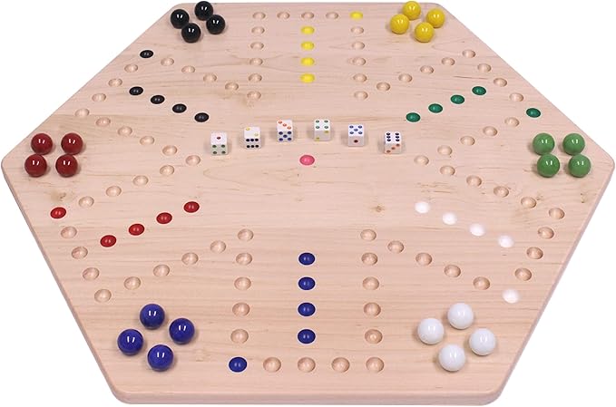 AmishToyBox.com Wahoo Wooden Marble Game Board Set - Large 24" Wide - Solid Maple Wood - Double-Sided - with Large 22mm Marbles and Dice Included