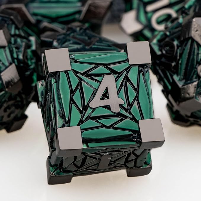 7PCS Metal DND Dice Set with Box, Debris RPG Green D and D Dice for use with D&D Tabletop Games Role Playing Game Polyhedral Dice Set D20 D12 D10 D8 D6 D4